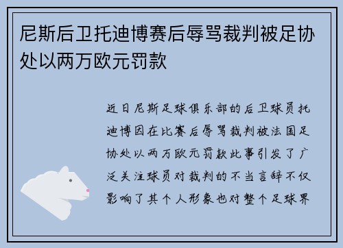 尼斯后卫托迪博赛后辱骂裁判被足协处以两万欧元罚款