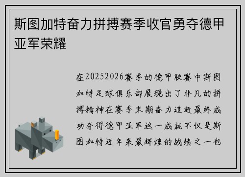 斯图加特奋力拼搏赛季收官勇夺德甲亚军荣耀