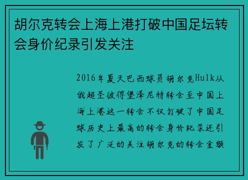 胡尔克转会上海上港打破中国足坛转会身价纪录引发关注