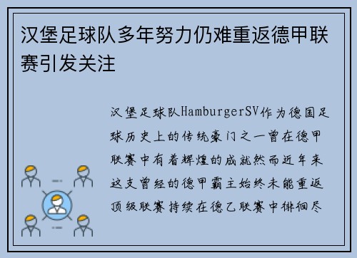 汉堡足球队多年努力仍难重返德甲联赛引发关注